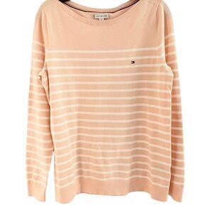 Tommy Hilfiger Women's M Medium Striped Sweater Peach and White‎ Boat Neck